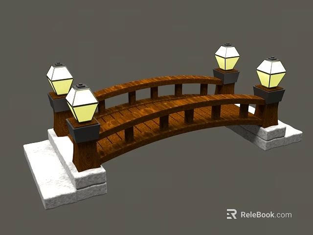 Wooden Arch Bridge With Four Lit Lamp Posts And Stone Bases Design 3d model 