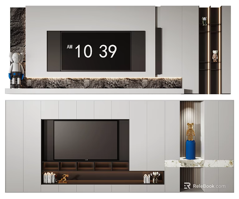 Modern TV Wall Design With Marble Accent Storage Cabinets And Decorative Pieces 3d model