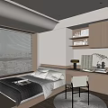 Modern Tatami Bedroom Interior With White Blinds Built-in Wardrobe Desk And Green Plant