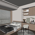 Modern Tatami Bedroom Bed Wardrobe Table Lamp Curtain Carpet Pillow 3d model