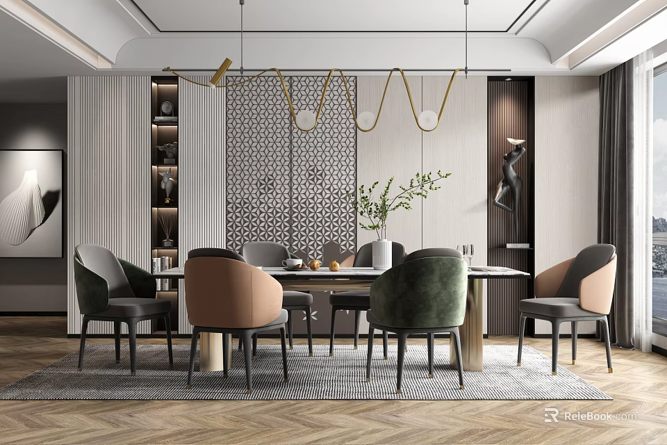 Elegant Modern Restaurant Interior Featuring Round Dining Table Colorful Chairs Pendant Lights And Potted Plant 3d model 