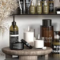 Stylish Bathroom Accessories On Shelves With Shampoo Bottles Soap Dispensers And Candles