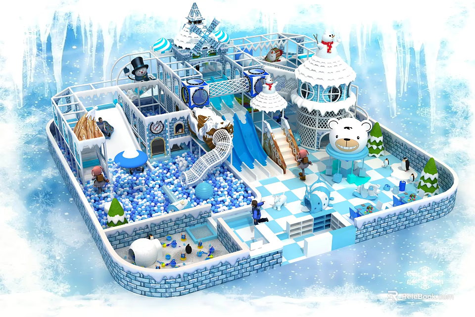 Ice Snow Themed Playground With Slides Polar Bear Decorations Ice Houses And Snowflakes 3d model 