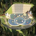 Garden Landscape Design With Circular Pool Waterfall Stone Wall And Illuminated Pathway
