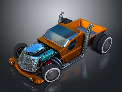 Stylish Orange Customized Truck With Large Wheels Exposed Engine And Open Bed Design 3d model