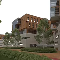 Modern Office Building With Contemporary Architecture Wooden Facade Green Trees And Landscaped Lawn