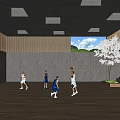 Modern Basketball Court With Square Ceiling Lights Wooden Panel Walls Climbing Wall And Indoor Plants