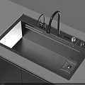 Modern Black Kitchen Sink With Faucet On Gray Countertop And Cabinets