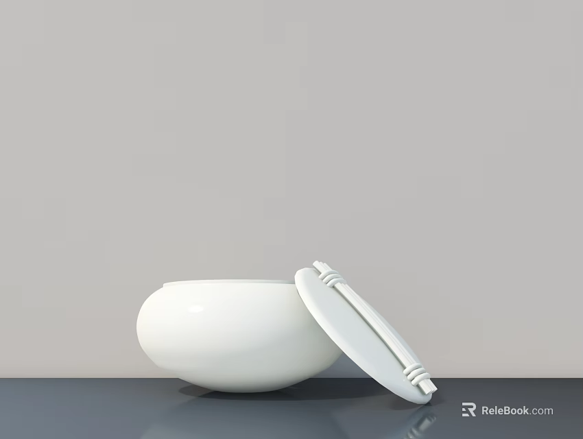 Minimalist Decorative Ornament Set With White Lidded Bowl On Gray Tabletop And Light Gray Background 3d model 