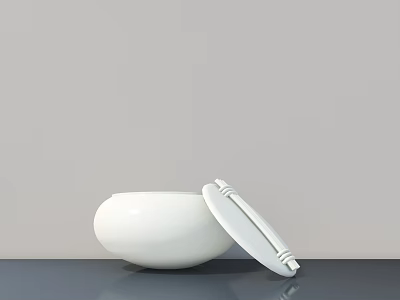 Minimalist Decorative Ornament Set With White Lidded Bowl On Gray Tabletop And Light Gray Background 3d model