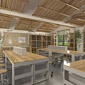 School Classroom Interior With Bamboo Ceiling Large Blackboard Screen Wooden Tables Bar Stools And Plants