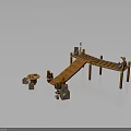 Rustic Wooden Dock Structure Featuring Planks Posts Table Crates And Barrel Elements 3d model
