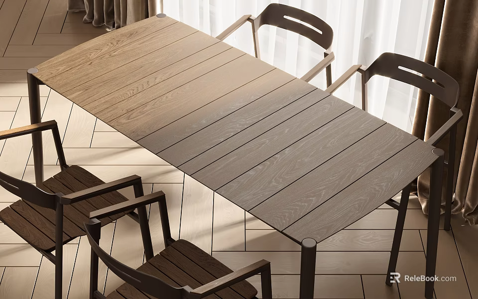 Minimalist Wooden Dining Table Set With Matching Chairs And Natural Wood Grain Design 3d model 