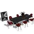 Modern Dining Table Set with Black Table Red Chairs and Vase with Plants 3d model