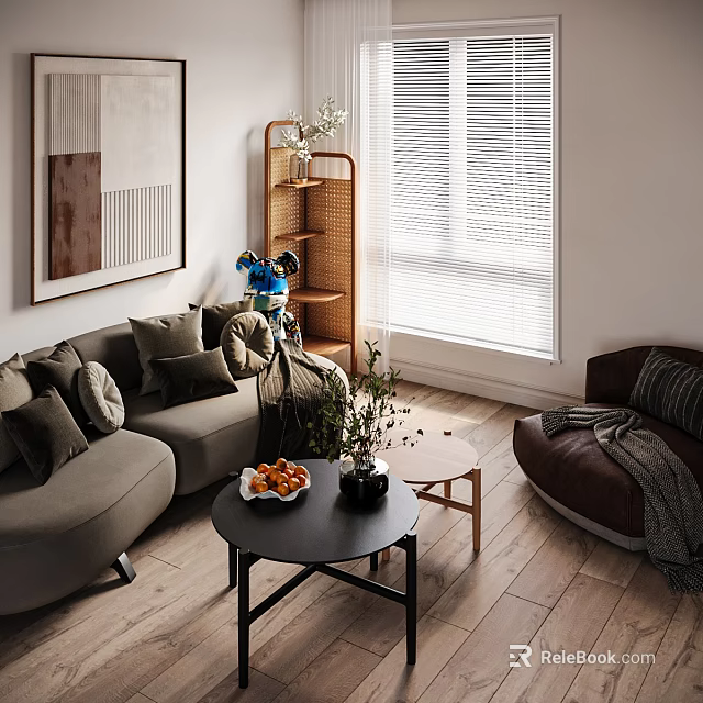 Modern Gray Sofa and Black Coffee Table Set With Decorative Pillows Plants and Fruit Tray 3d model 
