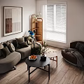 Modern Gray Sofa and Black Coffee Table Set With Decorative Pillows Plants and Fruit Tray