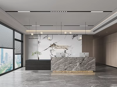 Modern Luxury Office Reception Area With Marble Counter And Large Panoramic City View Window 3d model