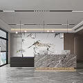 Modern Luxury Office Reception Area With Marble Counter And Large Panoramic City View Window