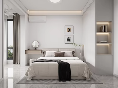 Modern Bedroom Interior Design With White Walls Framed Art Vanity Mirror And Bookshelf 3d model