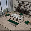 Tea Table and Chairs with Green Cushions White Tabletop Dark Shelf on Patterned Rug 3d model