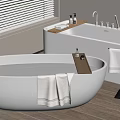 Modern Freestanding Bathtub in Contemporary Bathroom Interior with Wooden Tray Towels Faucet and Window Blinds