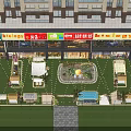 Vibrant Nighttime Commercial Street With String Lights Tents Green Grass Potted Plants And Wooden Barrels