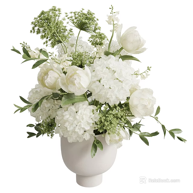 Fresh White Peony and Hydrangea Bouquet in White Ceramic Vase with Green Foliage 3d model 