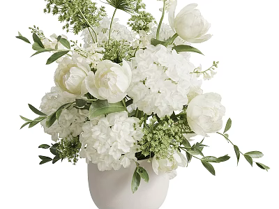 Fresh White Peony and Hydrangea Bouquet in White Ceramic Vase with Green Foliage 3d model