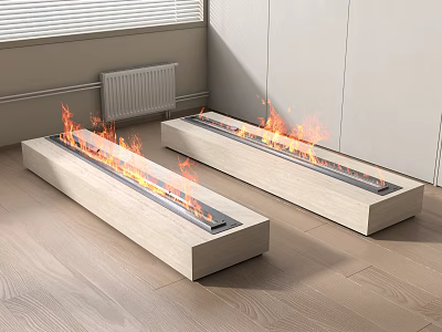 Modern Linear Fireplaces With Burning Flames In Interior Wooden Floor Space 3d model