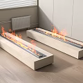 Modern Linear Fireplaces With Burning Flames In Interior Wooden Floor Space