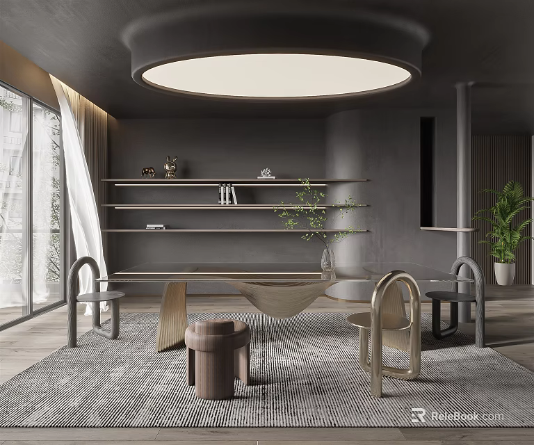 Modern Gray Restaurant Interior Design With Round Pendant Light Shelves And Comfortable Dining Furniture 3d model 