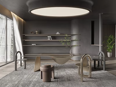 Modern Gray Restaurant Interior Design With Round Pendant Light Shelves And Comfortable Dining Furniture 3d model