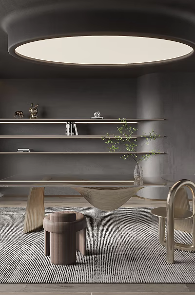 Modern Gray Restaurant Interior Design With Round Pendant Light Shelves And Comfortable Dining Furniture 3d model