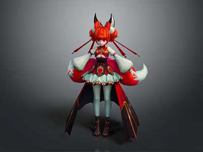 Anime Style Fantasy Character With Fox Ears Tail Red Hair And Ornate Flowing Costume 3d model