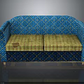 Blue Diamond Patterned Upholstered Sofa with Yellow Green Checkered Cushions and Patch