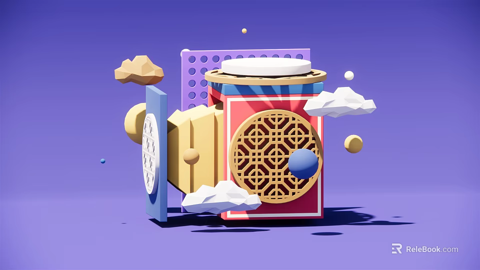 Purple Background Decorative Product Display With Red Box Golden Patterns Geometric Shapes And Clouds 3d model 