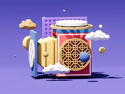 Purple Background Decorative Product Display With Red Box Golden Patterns Geometric Shapes And Clouds 3d model