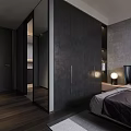 Modern Bedroom Interior With Dark Headboard Bed Built in Wardrobe And Accent Chair