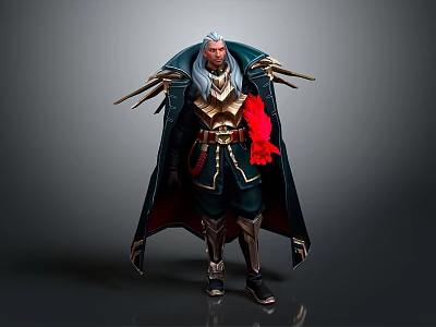 Mythical Warrior Character With White Hair Green Cape Red Accent And Metallic Armor Details 3d model