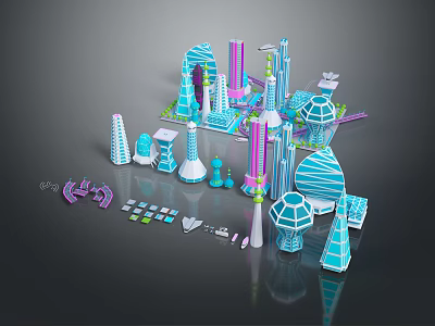 Cartoon Scene Of Colorful Futuristic Cityscape With Various Buildings And Structures 3d model