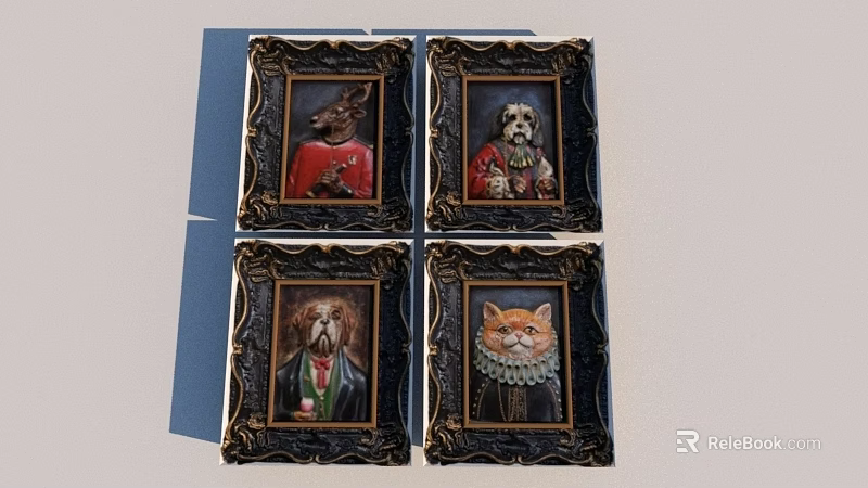 Vintage Animal Portrait Decorative Paintings With Ornate Frames And Human Attire 3d model 