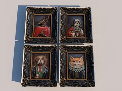 Vintage Animal Portrait Decorative Paintings With Ornate Frames And Human Attire 3d model