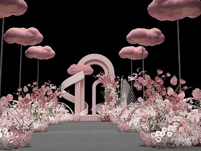 Floral Display With Pink Clouds Pink Arch And Pink White Flower Baskets 3d model