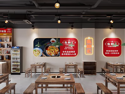 Modern Hotpot Restaurant Interior With Wooden Tables Benches Pendant Lights And Fresh Food Posters 3d model