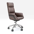 Brown Leather Office Chair With High Back Curved Armrests And Metal Base Wheels