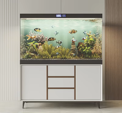 Modern Aquarium Design With Colorful Fish Aquatic Plants And Decorative Cabinet 3d model