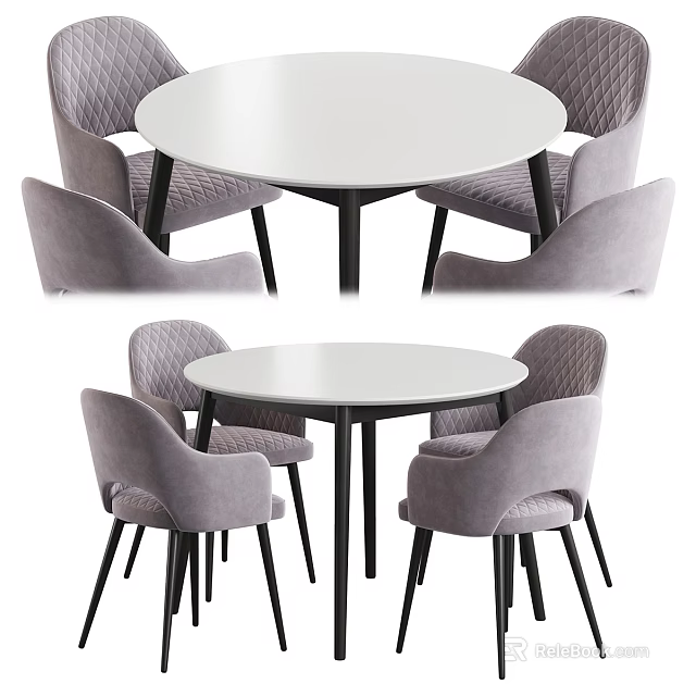 Modern Round Dining Table Set With Six Light Gray Upholstered Chairs And Black Legs 3d model