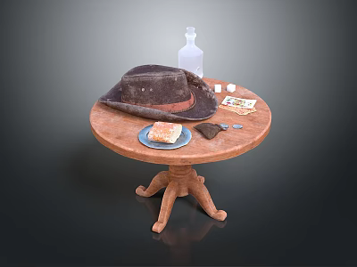Wooden Dining Table With Old Hat Transparent Bottle Dice Plate Bread And Small Knife 3d model