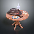 Wooden Dining Table With Old Hat Transparent Bottle Dice Plate Bread And Small Knife