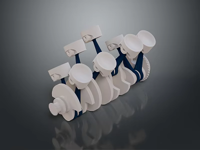 White Mechanical Components With Blue Details Arranged In Row On Dark Reflective Surface 3d model